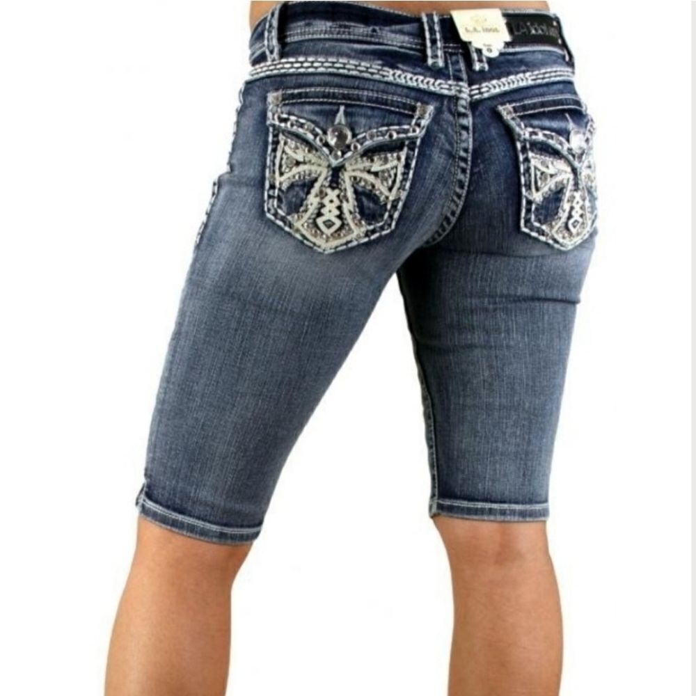 LA Idol Bermuda Shorts Size 3 Bling Pockets Distressed Denim
